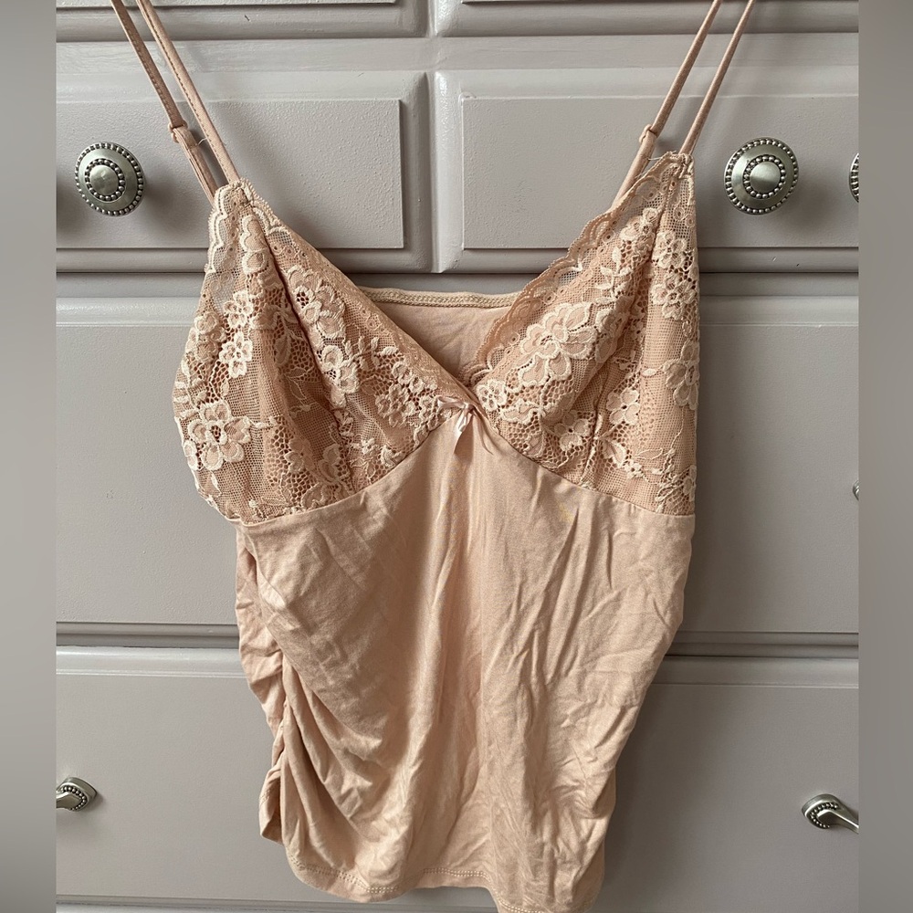 Shein new cami top . Tan beige lace detail V neck adj.  straps stretch large